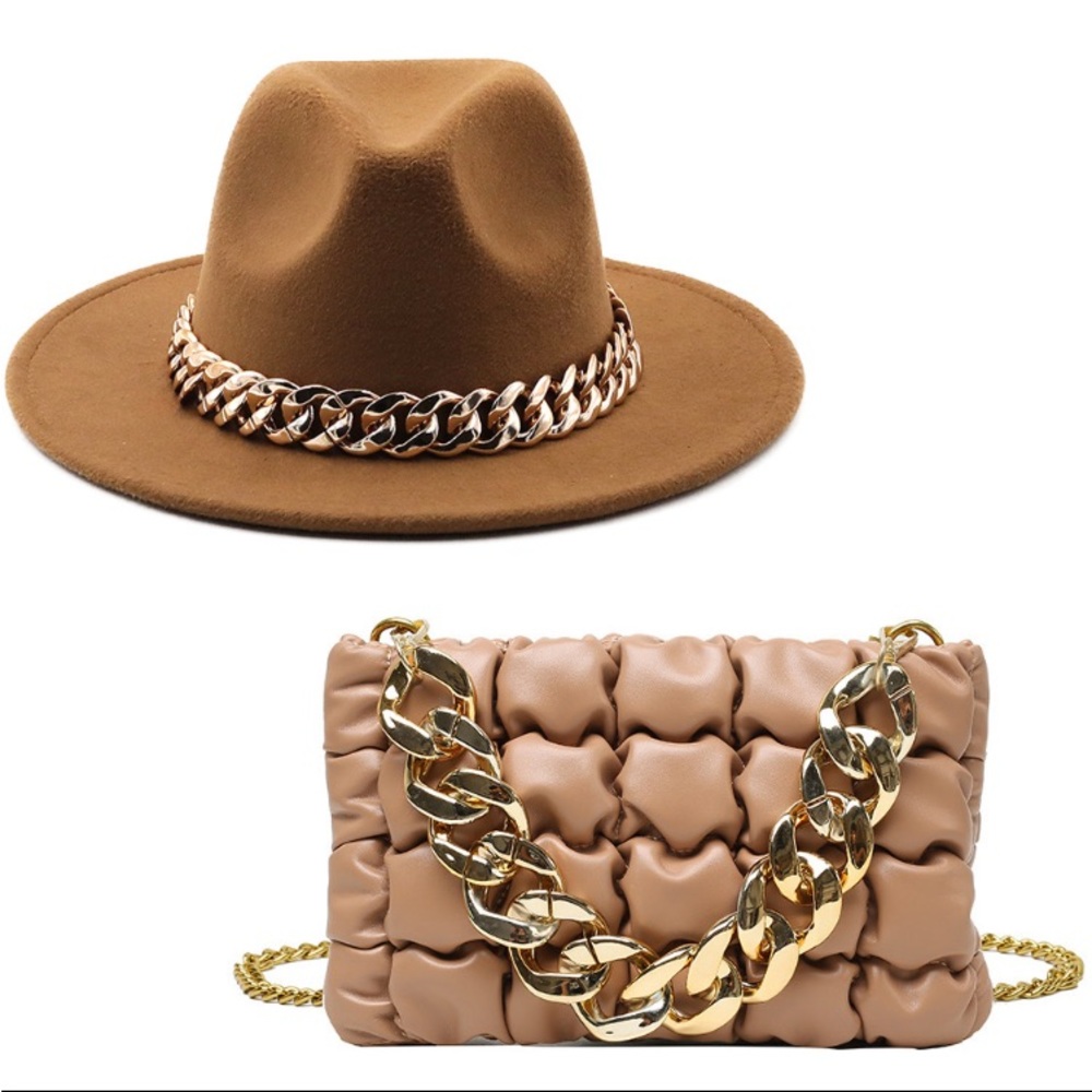 NWOT Stunning 2 pcs Khaki Fedora Chain Hat and Chain purse set